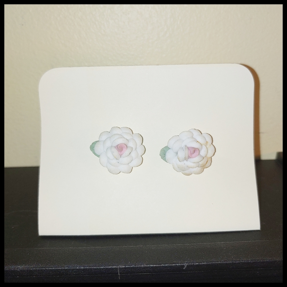 Vintage Porcelain White/Pale Pink Rose Post Earrings
